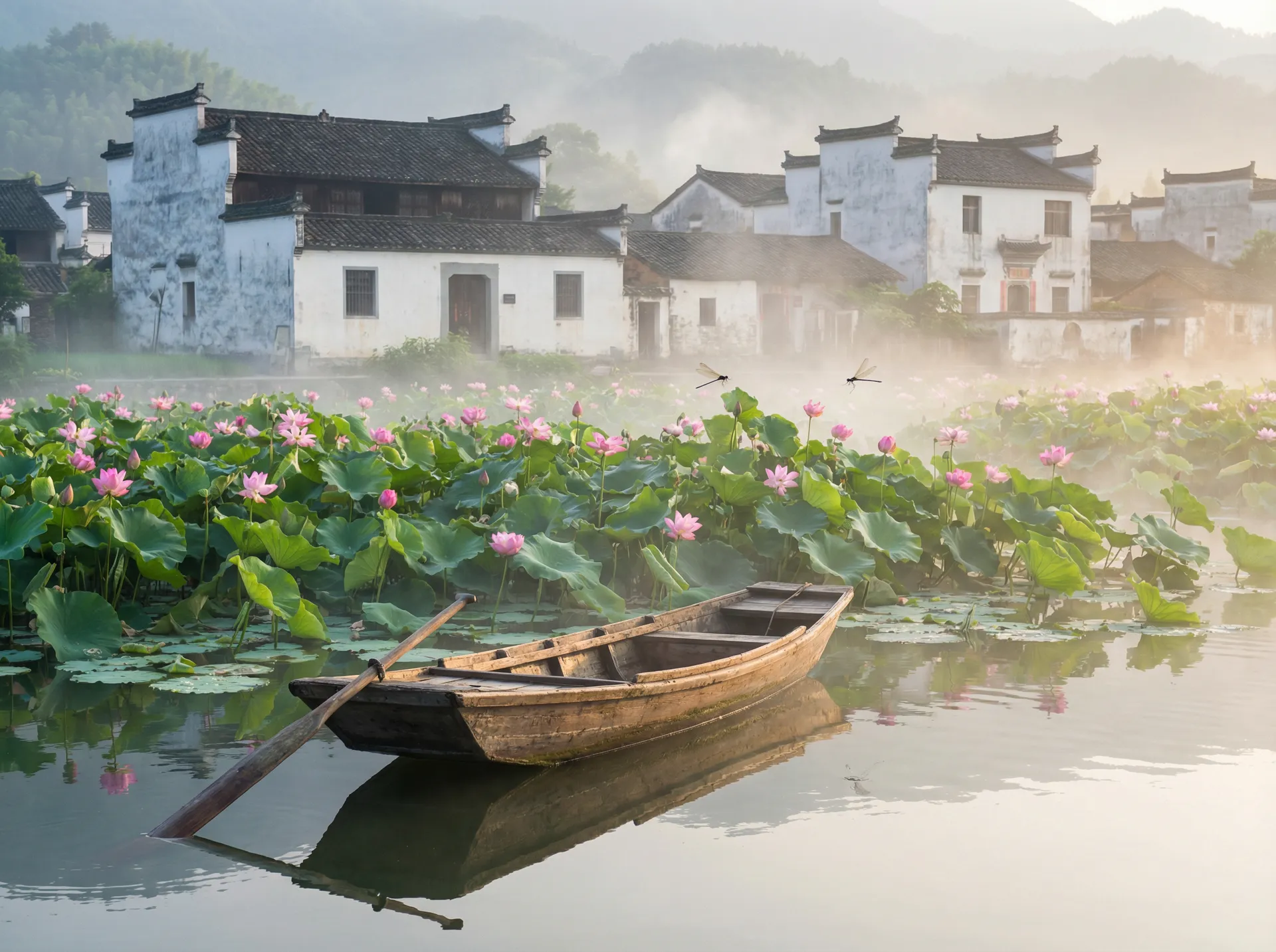 清晨荷塘小舟，粉色荷花盛开，白墙黑瓦的村庄 - miitao 水乡风情
